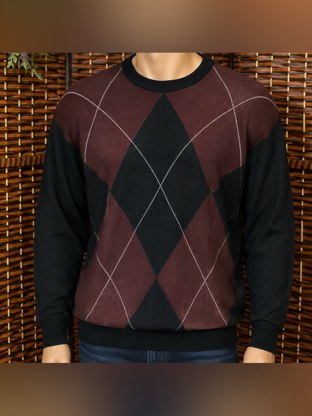 Dockers Men’s XXL Argyle Knit Sweater Maroon Black White Crewneck Pullover Soft